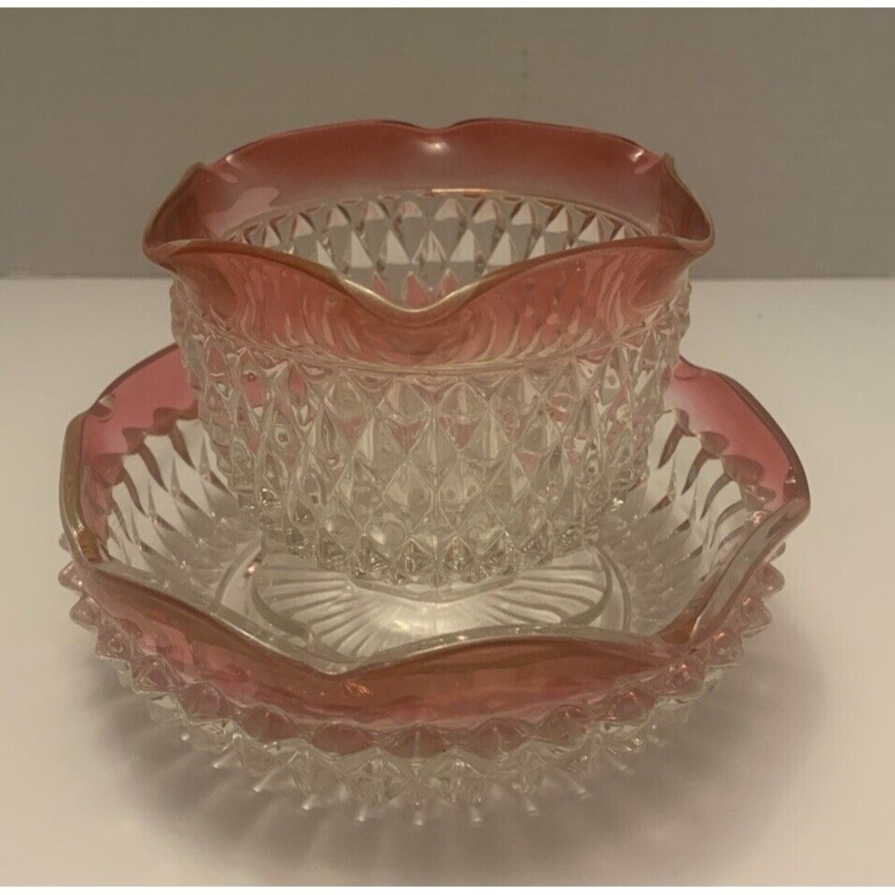 Vintage Pink Rim Crystal Cut Glass Bowl Set Scalloped Edge Pedestal Compote Dish